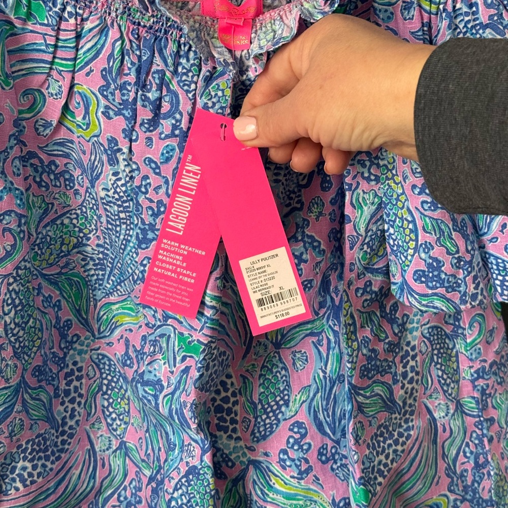 Lilly Pulitzer Pink Blue Green Off-the-Shoulder Ruffle Leanne Blouse - Picture 3 of 4